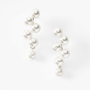 Silver 1&quot; Pearl Linear Drop Earrings - White,