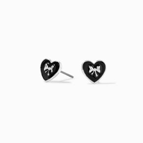 Silver Bow Black Heart Stud Earrings,
