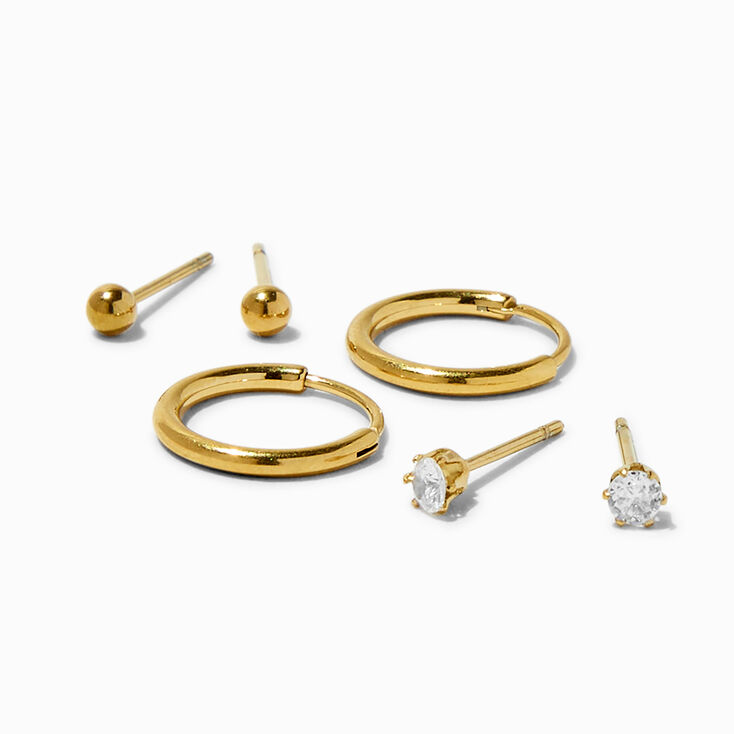 Gold-tone Stainless Steel Cubic Zirconia Earrings Set - 3 Pack,