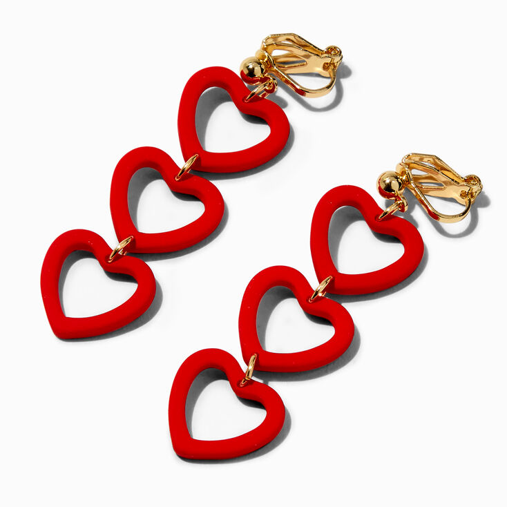 Red Triple Heart 2&quot; Linear Clip-on Drop Earrings ,