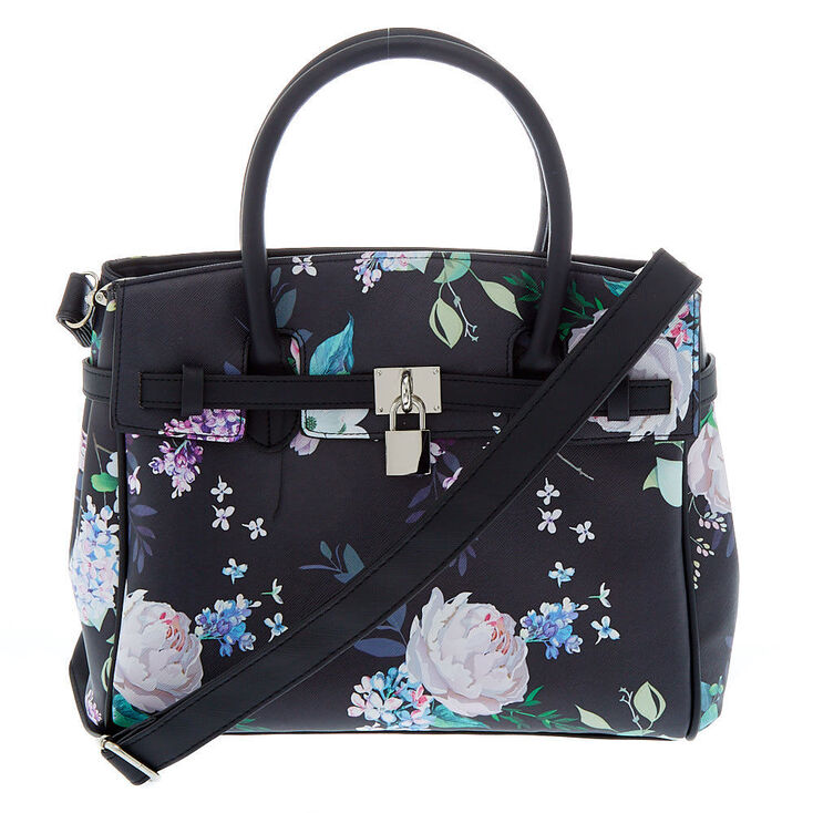 Floral Satchel Crossbody Bag - Black,