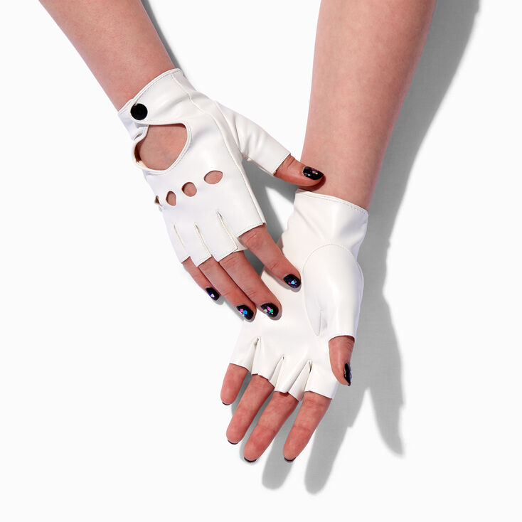 White Faux Leather Fingerless Gloves,