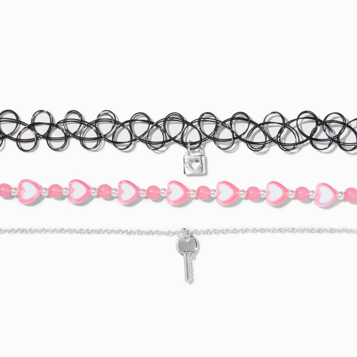 Silver Key &amp; Lock Pink Heart Chain Black Tattoo Multi-Strand Choker Necklace,