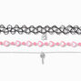 Silver Key &amp; Lock Pink Heart Chain Black Tattoo Multi-Strand Choker Necklace,