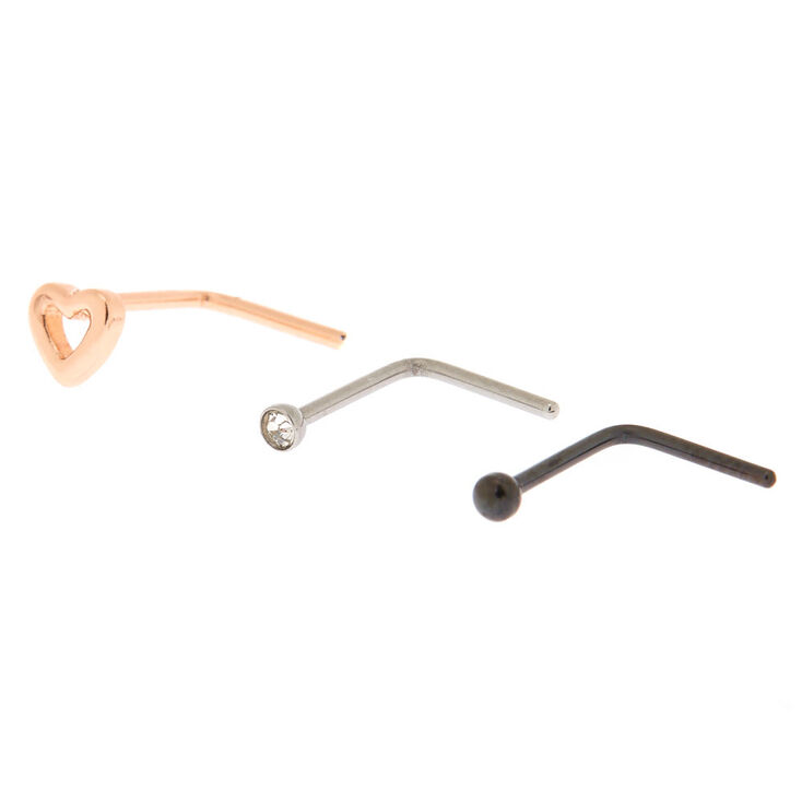 Mixed Metal 20G Heart Nose Studs - 3 Pack,