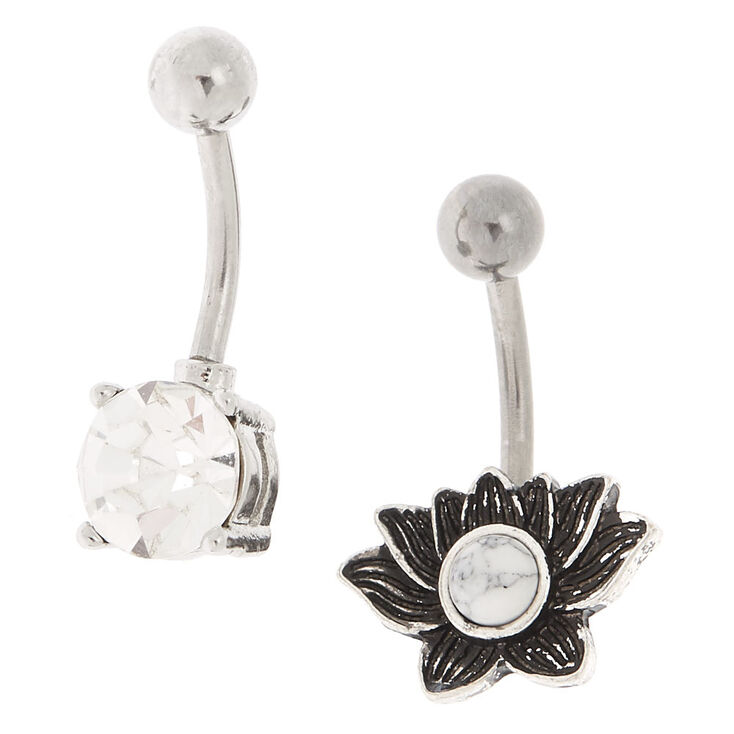 Stainless Steel Lotus Flower & Stone Belly Ring - 2 Pack,