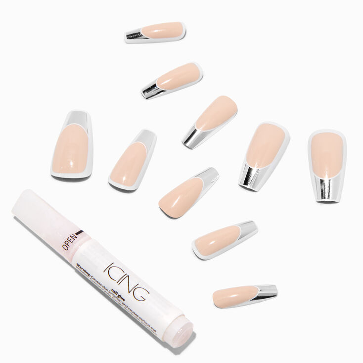 Silver Chrome Tip Squareletto Vegan Faux Nail Set - 24 Pack,