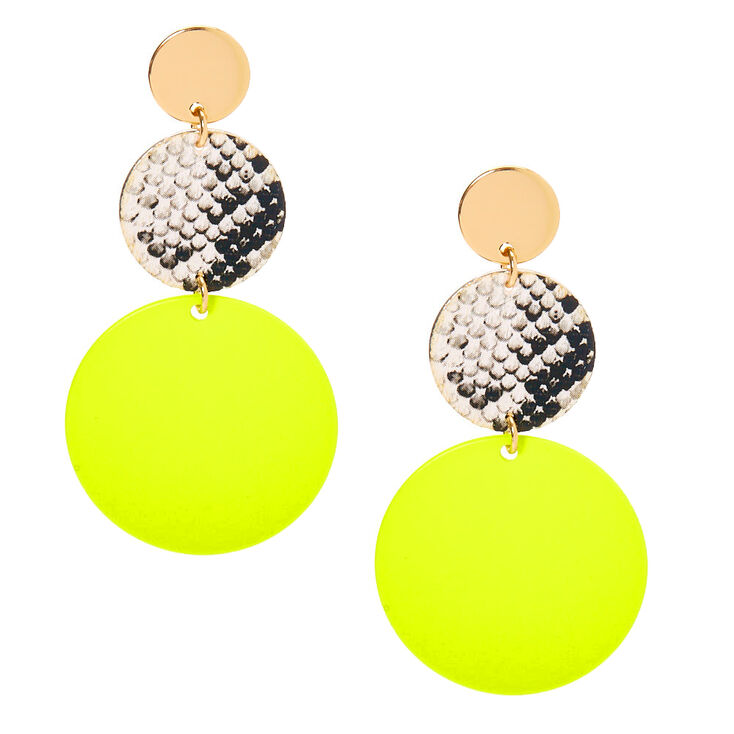 Gold 2" Neon Snakeskin Circle Drop Earrings - Yellow,