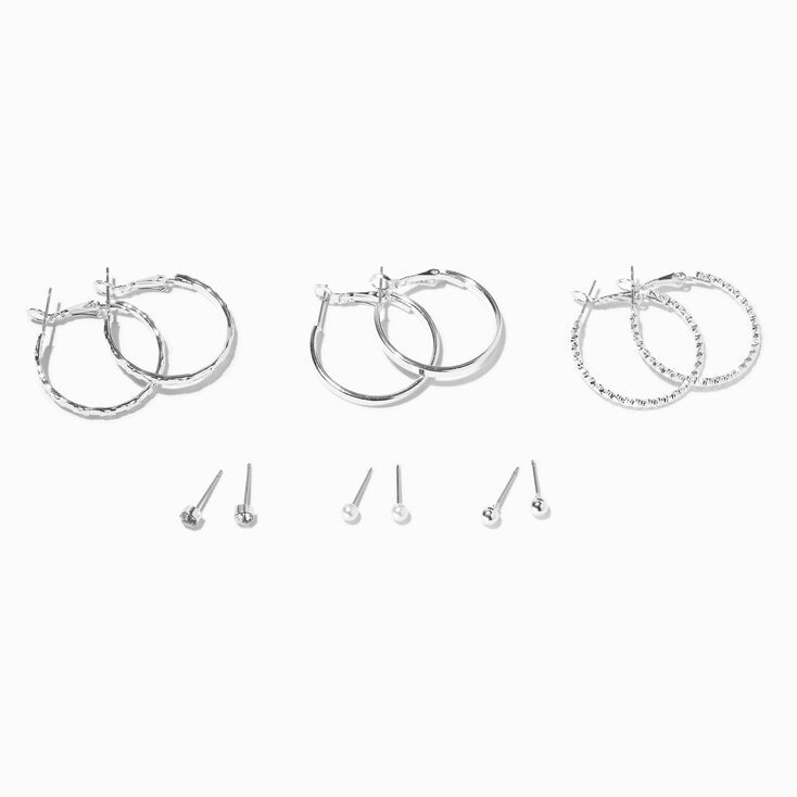 Silver Textured Hoop &amp; Studs Earrings Set - 6 Pack,