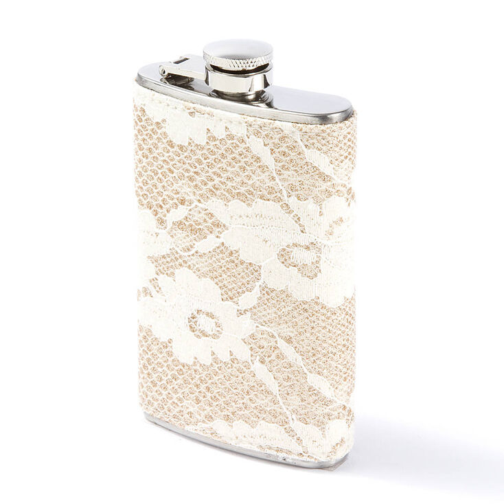 Gold Glitter & Ivory Floral Lace Flask ,