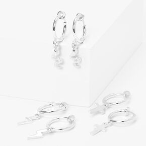 Silver Mixed Dangle Huggie Hoop Clip On Earrings - 3 Pack,