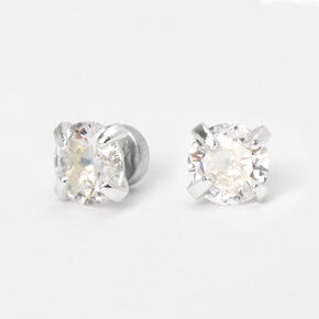 Silver Cubic Zirconia Round Magnetic Stud Earrings - 4MM,
