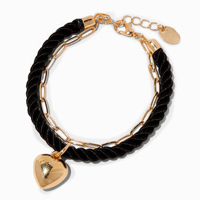 Gold-tone Heart &amp; Black Rope Double-Row Bracelet,